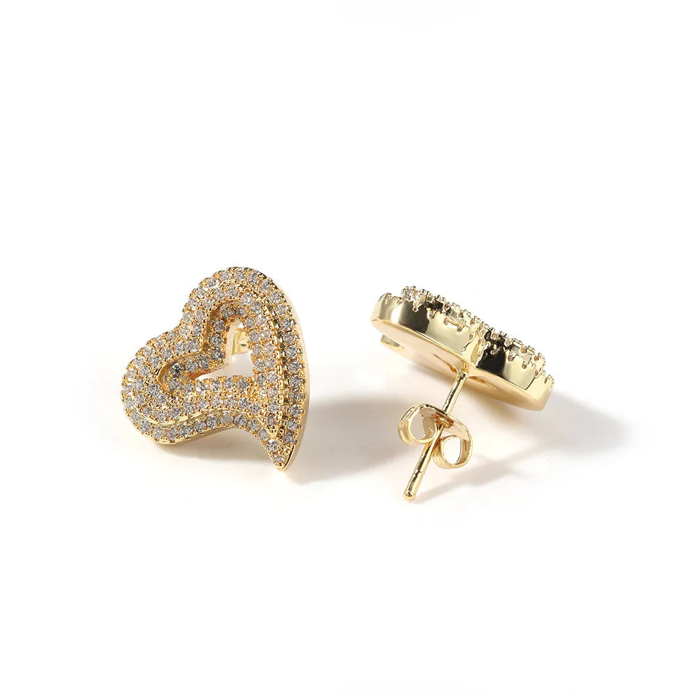 Micro Inlaid Heart Earrings Gold Plated Hip Hop Style for Both Men and Women's Anniversary or Party Featuring Zircon Stones