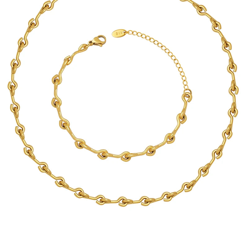Luxury 14K Gold Plated Stainless Steel Jewelry Sets Hook Shaped Bracelet and Necklace for Weddings Parties Engagements