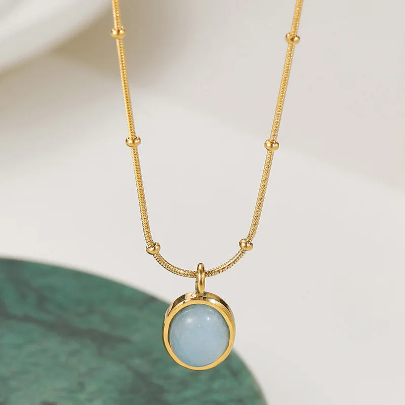 Vintage Round Pendant Collarbone Necklace Blue Oval Natural Stone Pendant 14K Gold Plated Stainless Steel Snake Chain Necklac