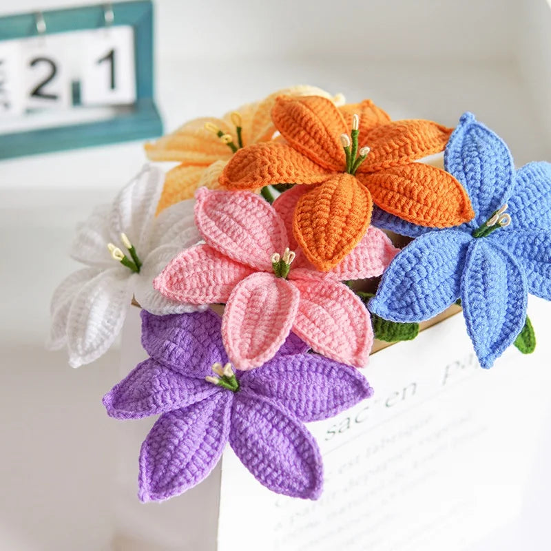 Hand-woven Lilies Flowers Wool Knitting Flower Artificial Lily Crochet Flowers for Valentine's Day Gift