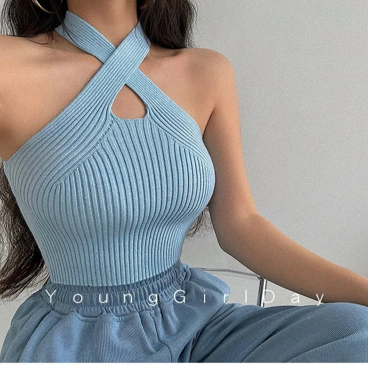 New Women's Cross Backless Hollow Out Short Top Solid Color Knit Backless Vest Sexy Vest Women's Tank Top