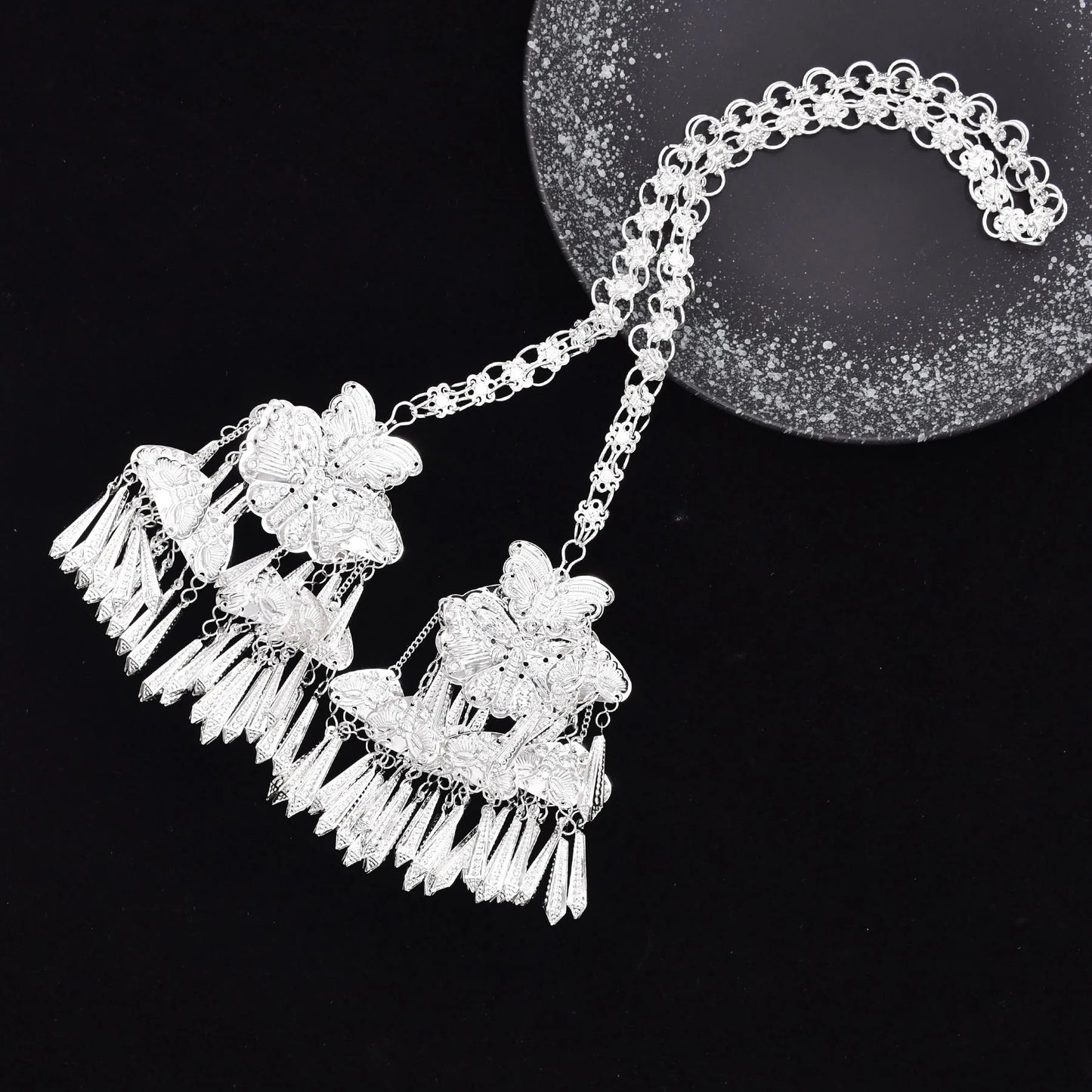 Ethnic Women Accessories Alloy Tassel Butterfly Silver Hairwear Necklace Accessories