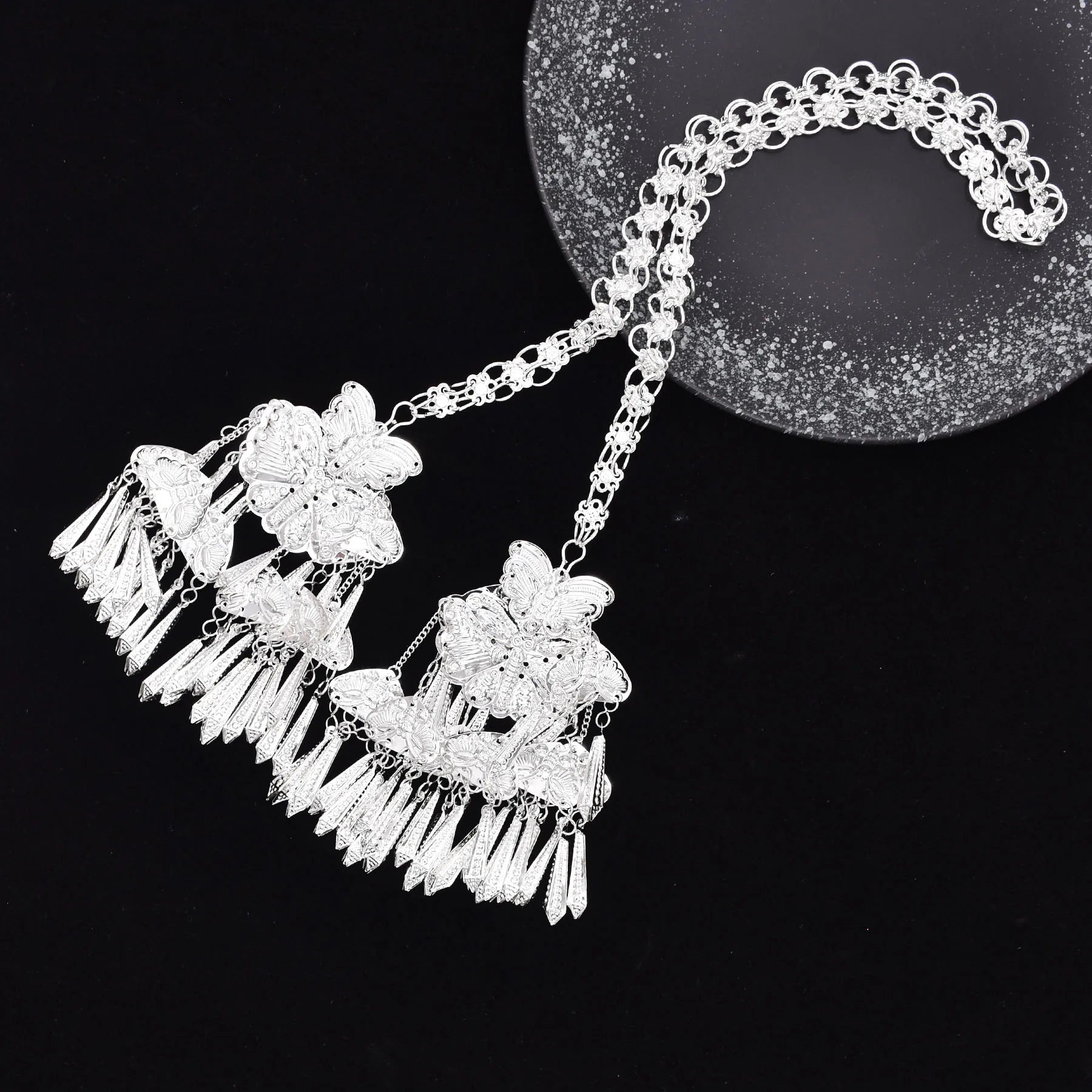 Ethnic Women Accessories Alloy Tassel Butterfly Silver Hairwear Necklace Accessories