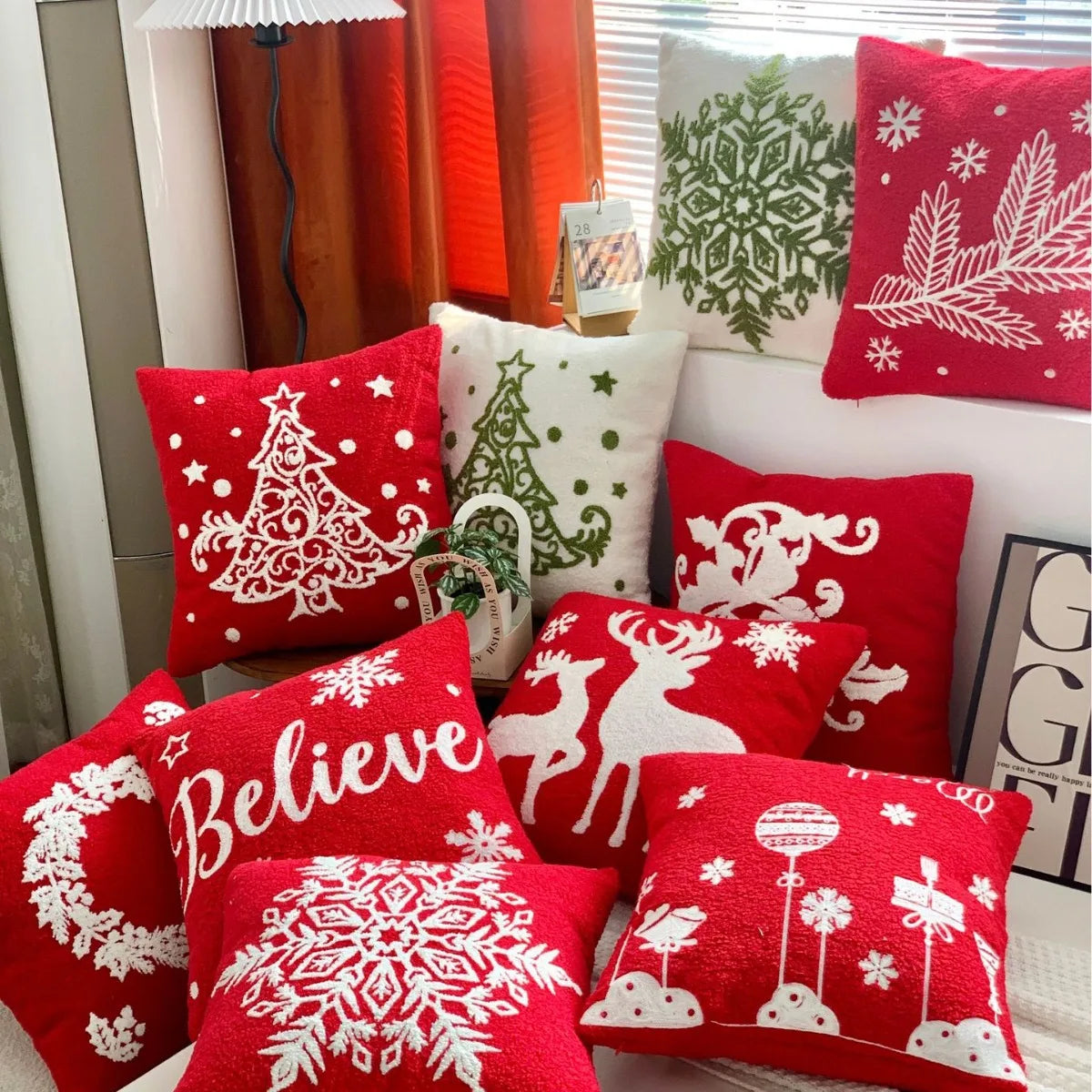 Amity Embroidered Christmas Deer Snowflake Sofa Headrest Cushion Case Cover Home Decor Christmas Tree Decoration Pillow Case