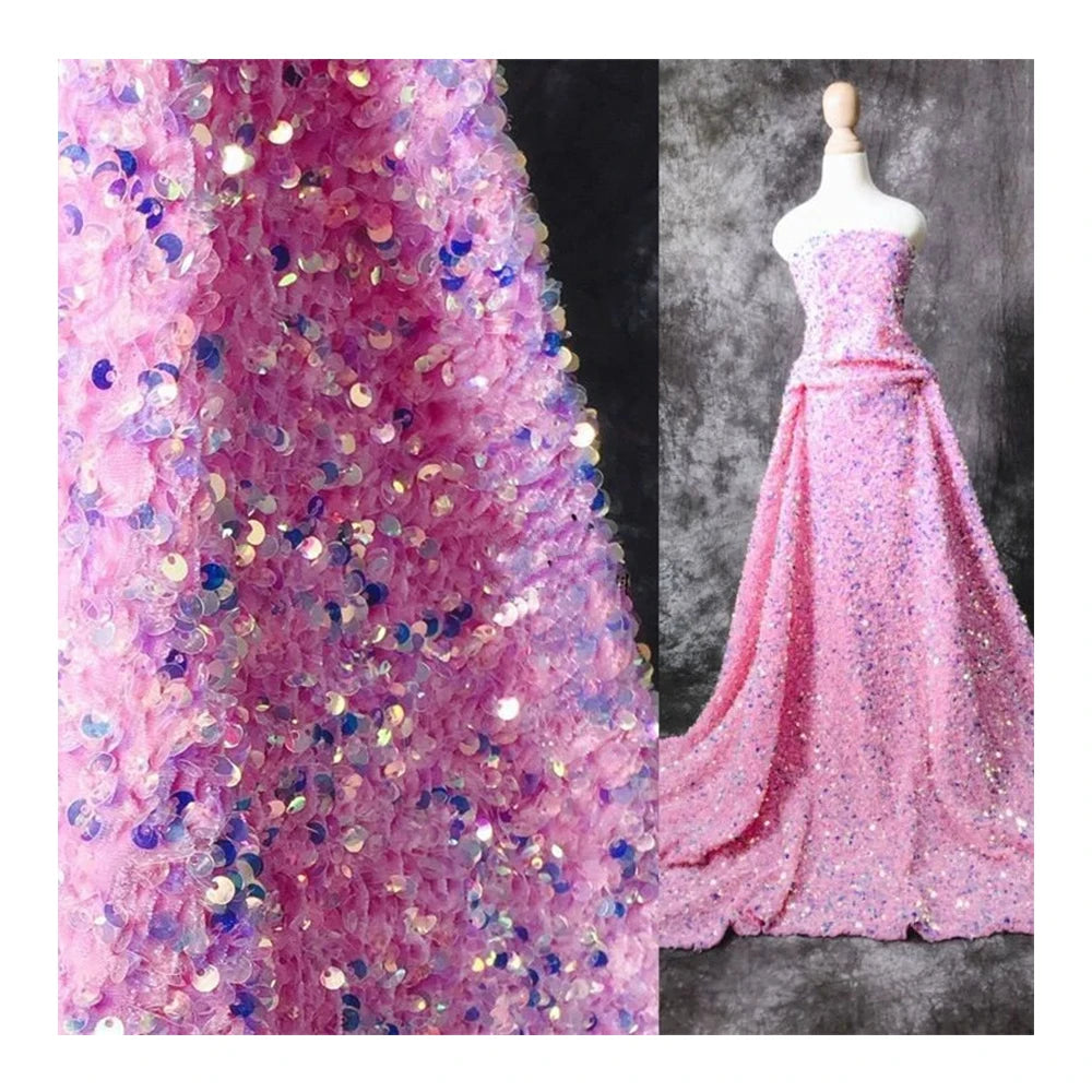 Eco-Friendly Shiny Ladies Dress 3D Pink Iridescent Sequin Stretch Hologholographic Sequins Velvet Embroidery Fabric