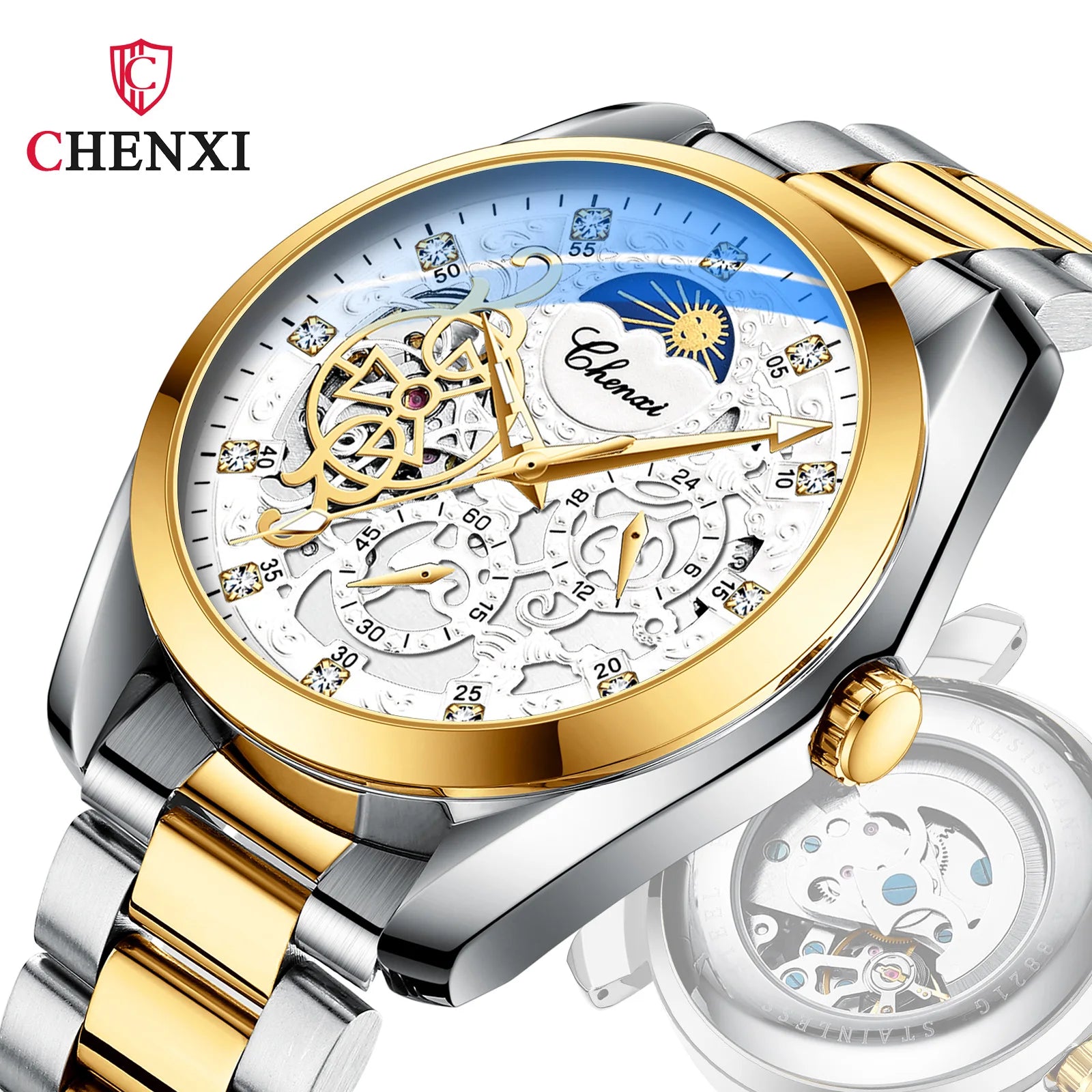 CHENXI Watch Men's Mechanical Waterproof Luminous Moon Star Automatic Hollow Machine