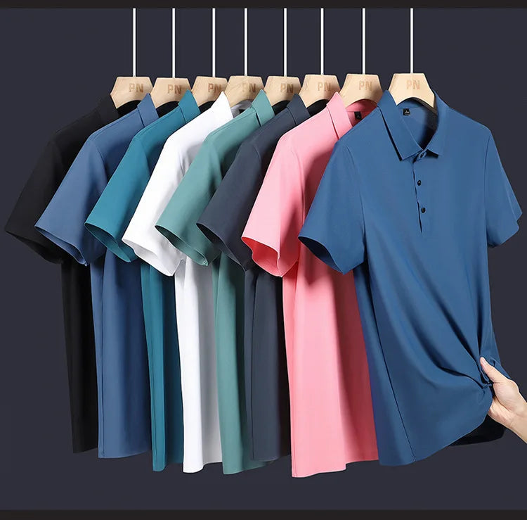 Men's Ice Silk Traceless Business T-Shirt Casual Solid Color Silky Smooth Top Half Sleeve Golf Polo Shirts