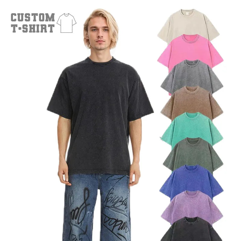 Custom Men's Heavyweight Acid Washed T Shirt Combed Cotton Wash Rib Neck Drop Shoulder Oversized Streetwear T-Shirts for Men