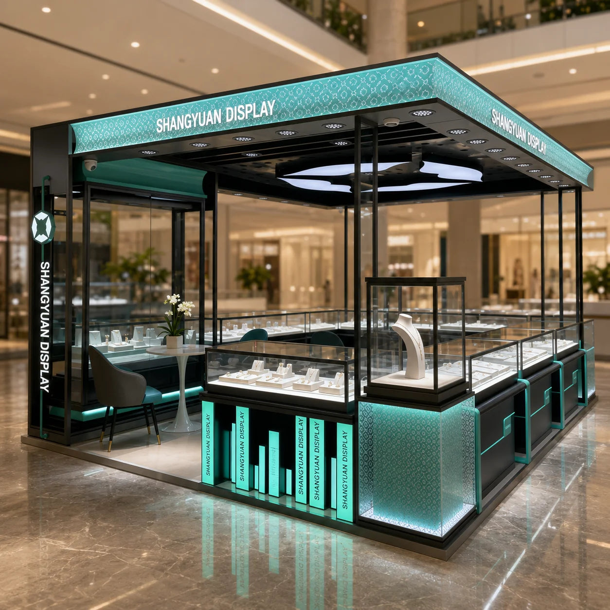 Commercial Luxury Modern Eco-Friendly Jewelry Mall Kiosk Custom Logo Glass Display Cabinets LED Lighting for Shopping Center