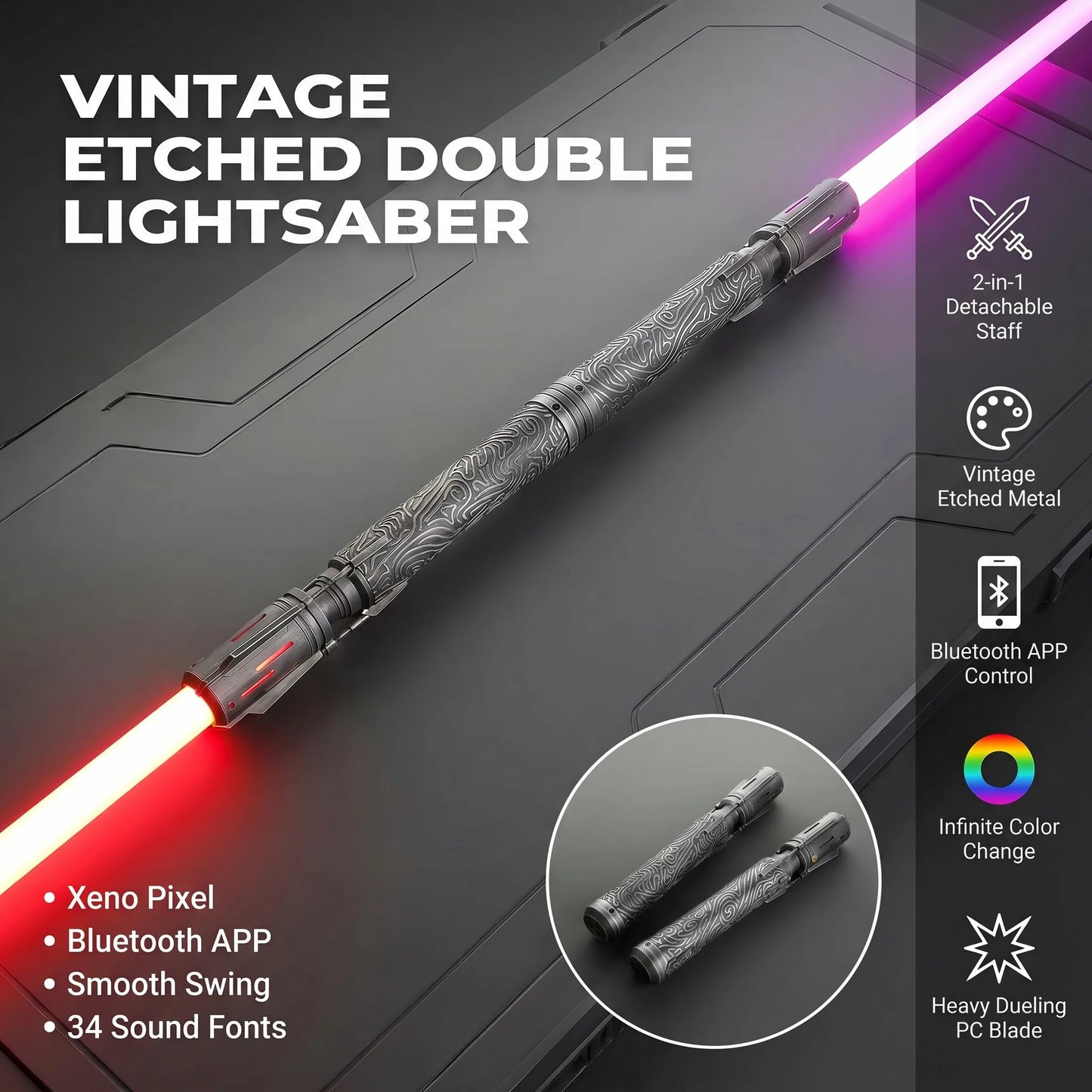 Vintage Etched Double Headed Lightsaber 2 in 1 Metal Staff RGB Color Change Smooth Swing Xeno Pixel Heavy Dueling Laser Sword