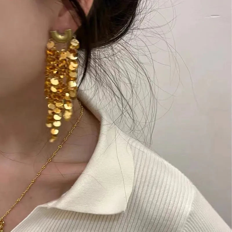 Exaggerated Design Metal Glitter Dynamic Tassel Earrings - Handcrafted with European and American Artistry Bold Individualist
