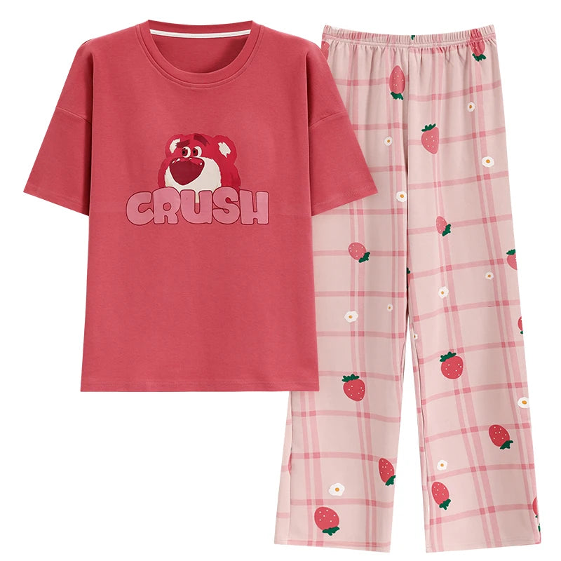 New Soft Cotton Cartoon Print Women's Sleepwear Girls 2 Pieces Loungewear Pajamas for Women Set