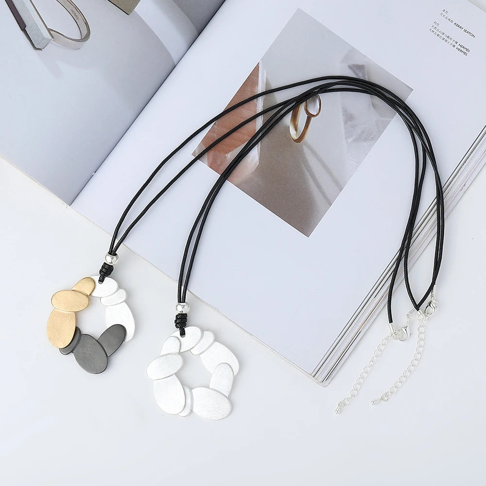 TongLing Irregular Oval Spliced Circle Pendant Necklace Multi-Strand Black Wax Cord Minimalist Geometric Long Women Jewelry