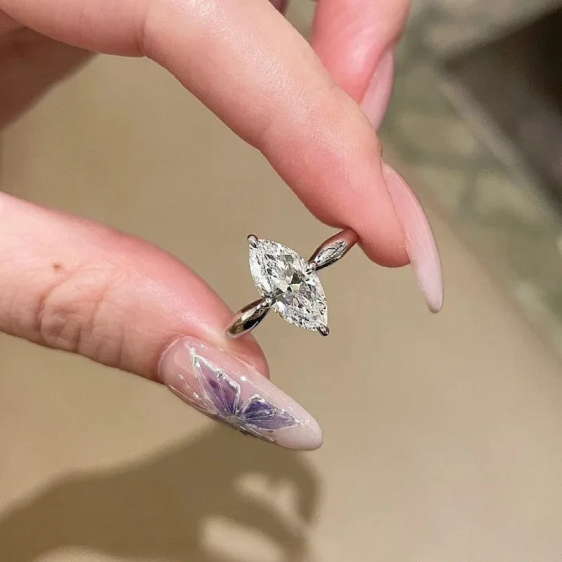 Luxury Solid Platinum  Plate 925 Sterling Silver VVS D Color 2 Carat Marquise Cut Moissanite Wedding Women's Ring Fine Jewelr