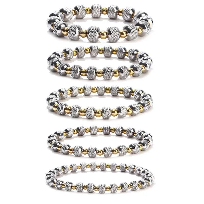 Stainless Steel 14K Gold Plated Classic Ball Shape Beaded Bracelet Couple Gift High Quality Waterproof Two-color Elastic