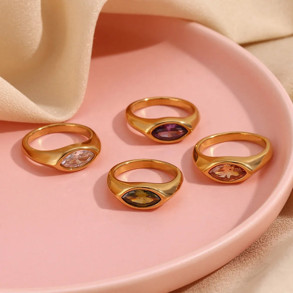 Colorful Horse Eye Zircon Trendy 18K Gold Plated Engagement Signet Ring Stainless Steel