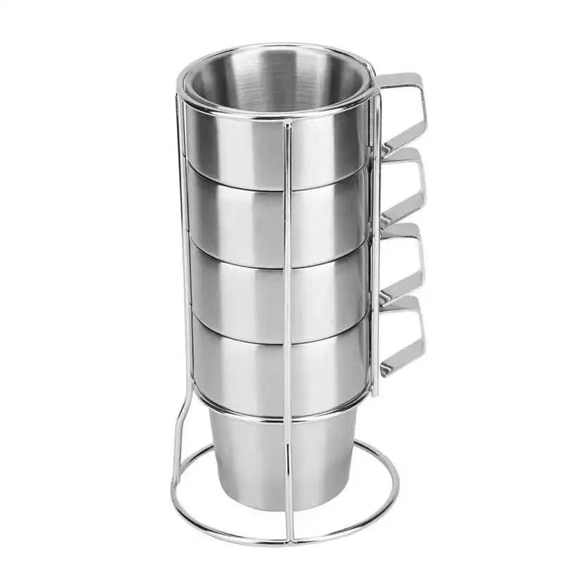 Chenfan Stackable Stainless Steel Coffee Mugs Small Insulated Coffee Mug Silver Tea Cups with Handle and Metal Stand for Camp