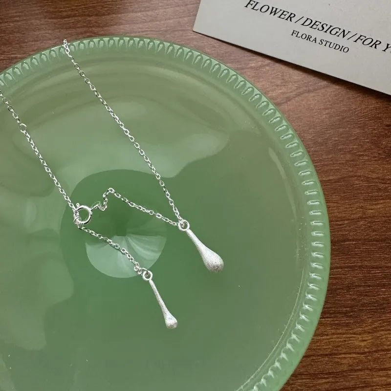 Real S925 Sterling Silver Frosted Tear-drop Tassel Charm Necklace Women Girl Fine Jewelry