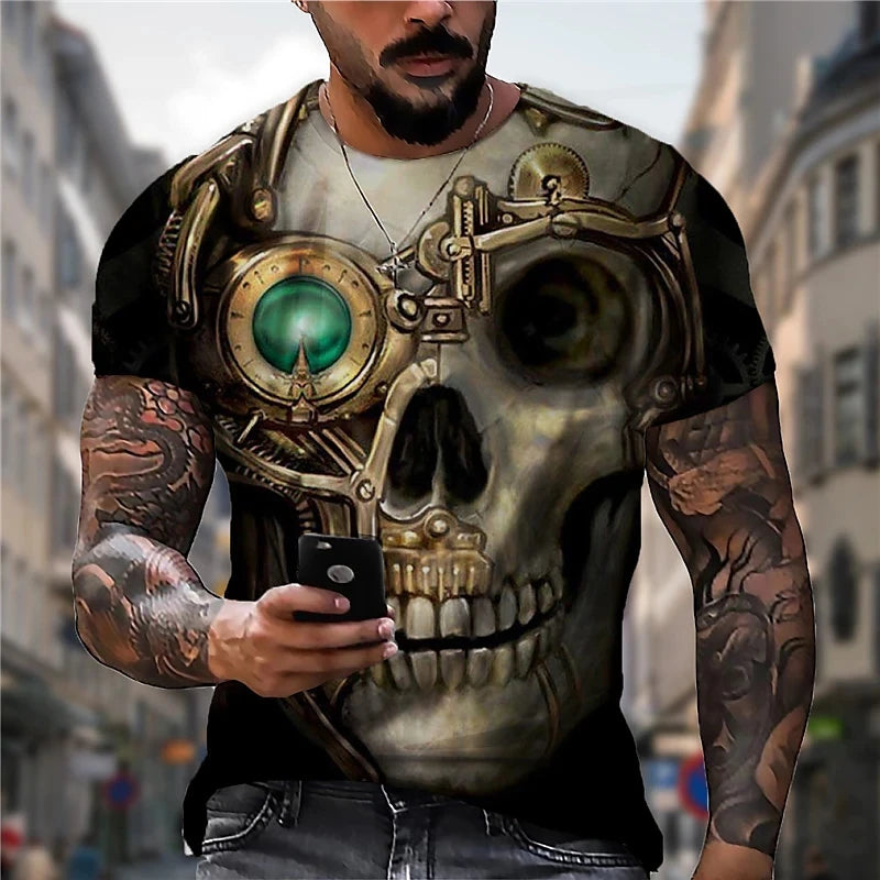 Custom Oversized Men's T-Shirt O-Neck Collar Punk Rock Short Sleeve 3D Printed Skull Graphic Smart Casual Death Clothing Tees