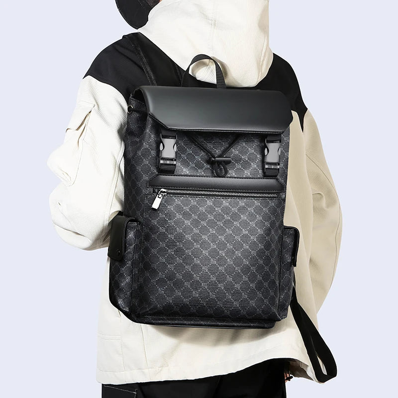 New Check Pattern Backpacks Male Leather Bags Outdoor Travel Laptop Bags Large Capacity School Backpack