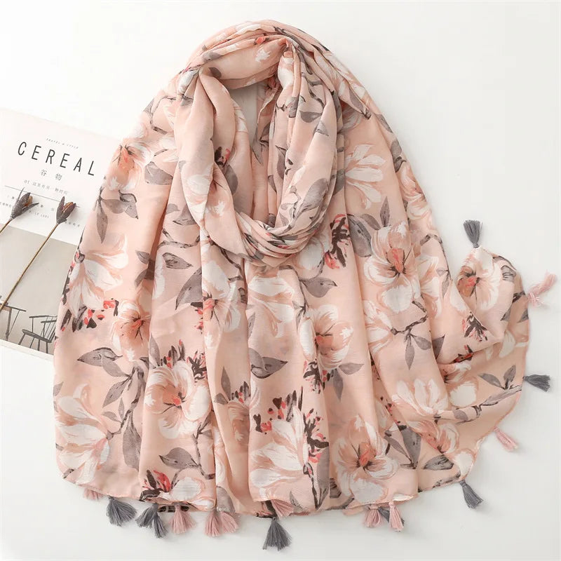 Fashion 180*90cm Long Large Soft Cotton Feeling Floral Printed Shawls With Tassels One Piece Flower Muslim Hijab Islamic Scar