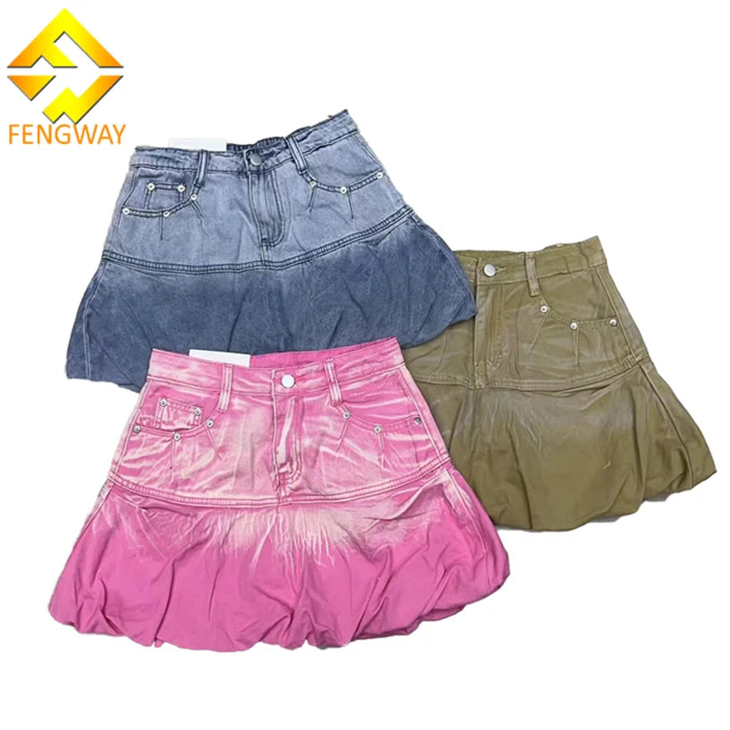 Fashion Gradient Denim Short Skirt Women's A-Line Jean Skirt Ruffles Pleated Denim Skirt for Ladies