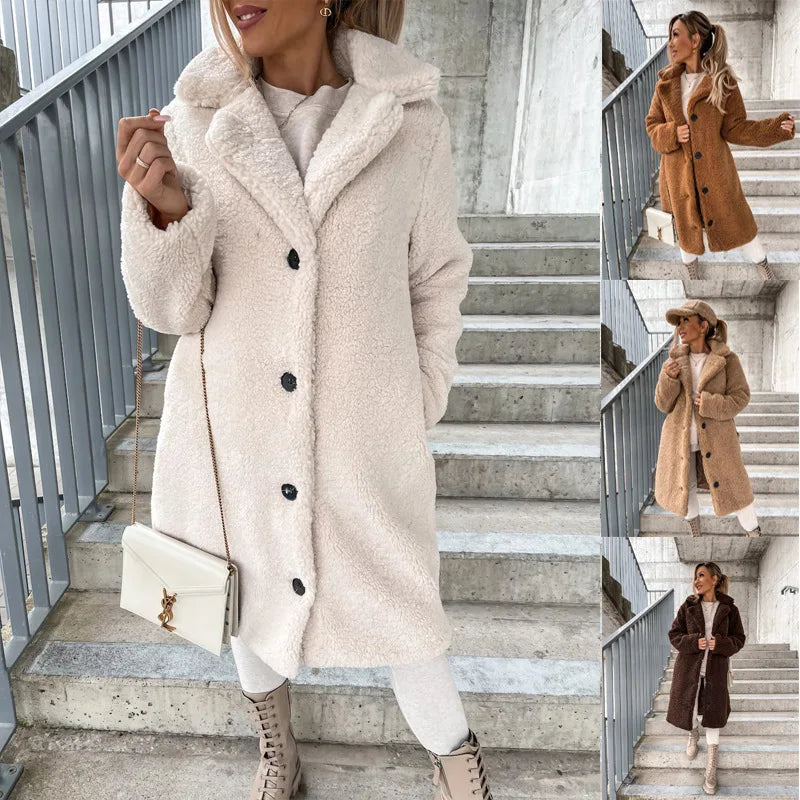 2025 Women's Plush Long Coat Autumn Winter Fashion with Turn-Down Collar Long Sleeves European American
