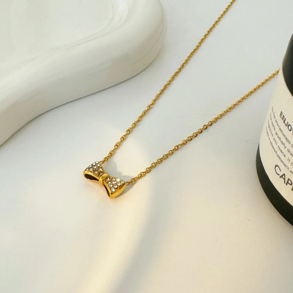 Exquisite Bow Zircon Pendant Necklace Stainless Steel Gold Plated for Anniversary Gift Joyas De Acero Inoxidable Al Por Mayor