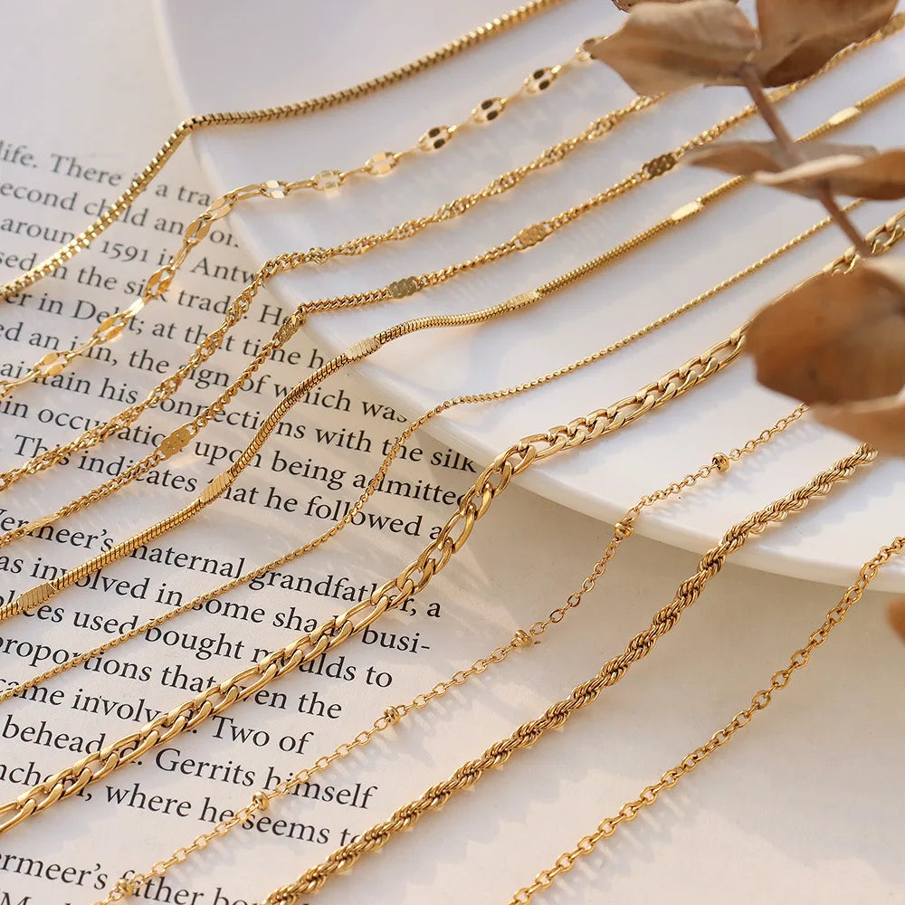 Multiple Styles Wholesale Waterproof 18k Gold Plated Stainless Steel Rope Twist Curb Figaro Snake Cuban Chain Necklace
