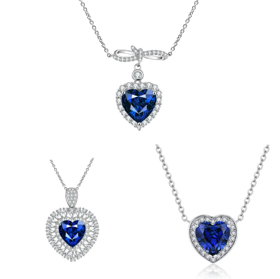 Luxury Design Pendant 10*10mm 4ct Heart Shape Blue Sapphire Gemstone 925 Sterling Silver Gift Necklace Set for Women