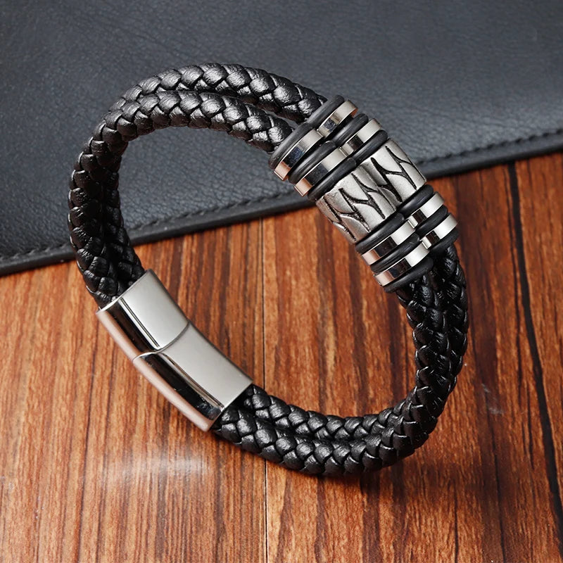 Fashion Personalized Best Selling Double Layer Charm Adjust Black Leather Bracelets for Men Jewelry Magnetic Clasp