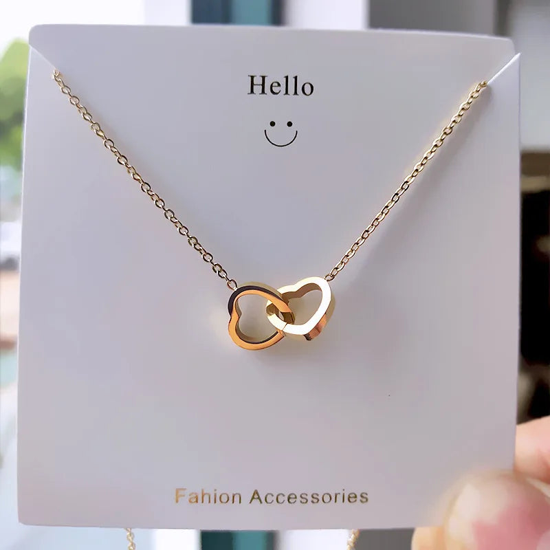Dainty Non Tarnish 18K Gold Plated 316L Stainless Steel Double Heart Pendant Necklace Jewelry for Women