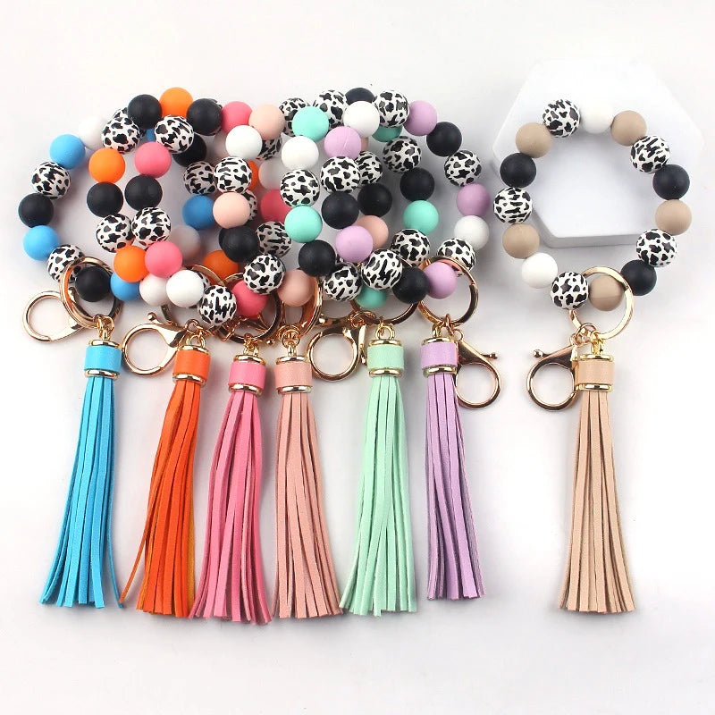 Elastic Silicone Wooden Beaded Wristlet Bracelet Keychain Cute Boho Tassel Modern Car Keyring Holder Bangle Keychains Bag Cha