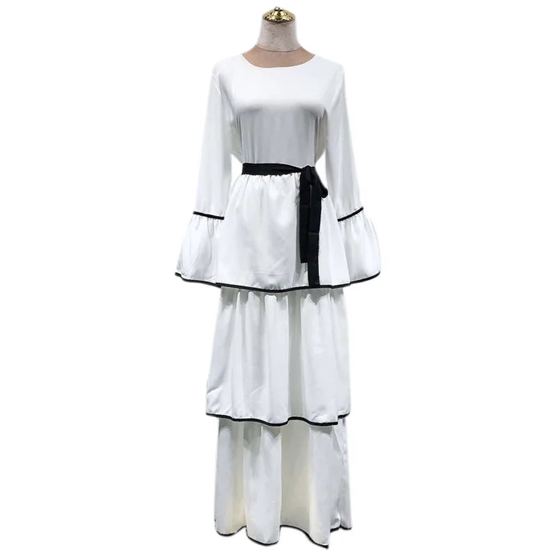Plain Color 3layers Dress Flare Sleeve O Neck With Belt Long Skirt for Muslim Women