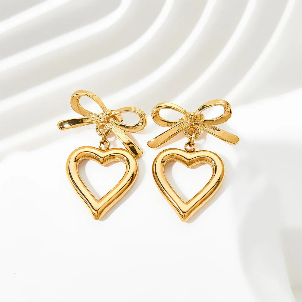 Women's Stainless Steel Heart-Shaped Drop Earrings with Hollow Bow Fashion Jewelry