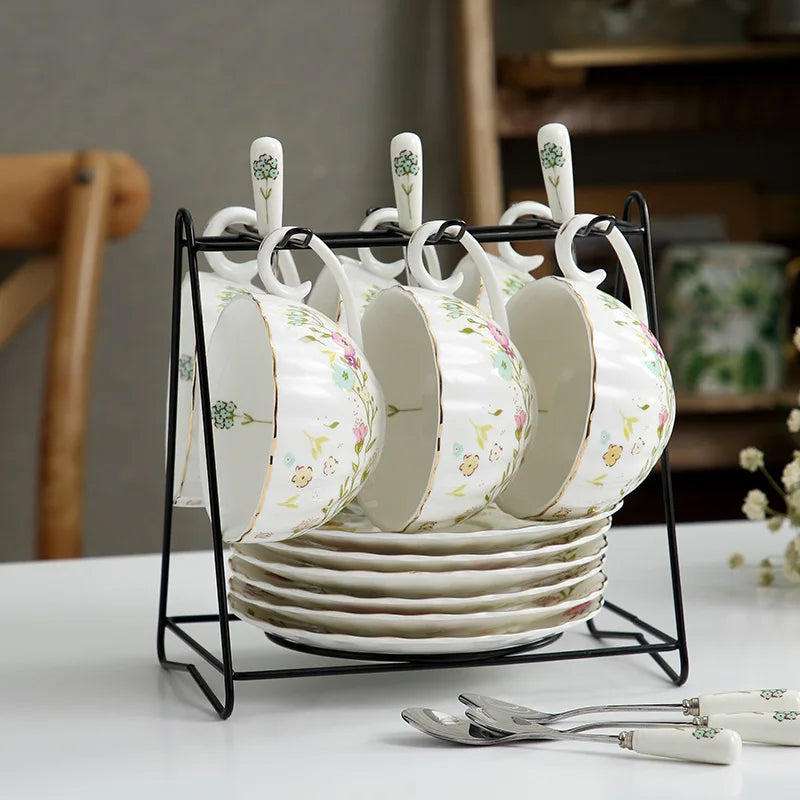 Wholesale Gold Edge Floral Tea Cups and Saucers 6 Mug and Tray Set Bone China Mugs with Spoon and Stand