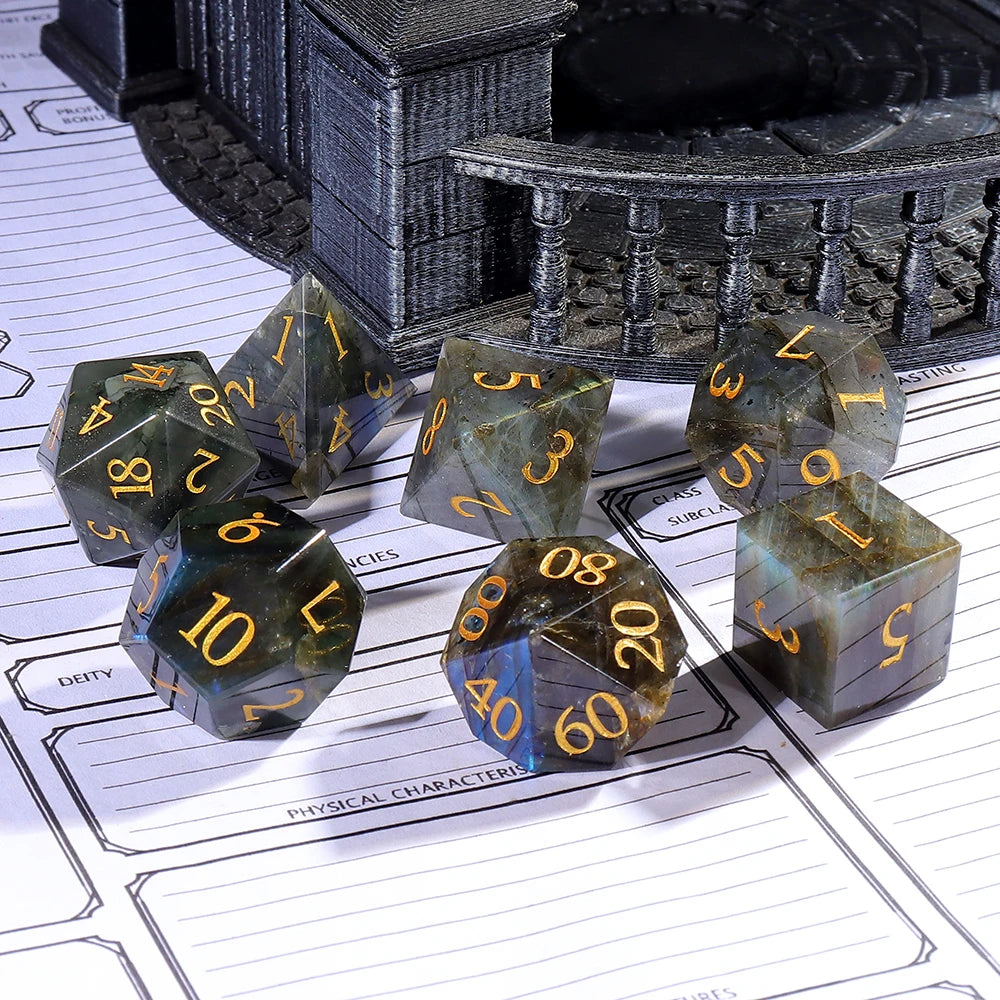 Custom Logo Handmade Gemstone Labradorite Natural Stone DND Polyhedral RPG Dice Sets for Tabletop Games