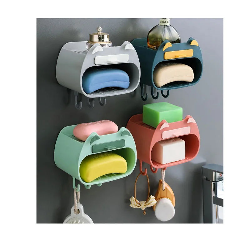 Wall Mounted Toilet Soap Storage Box Punch Free Cartoon Double Layer Soap Organizer Plastic Box Bathroom Accessories