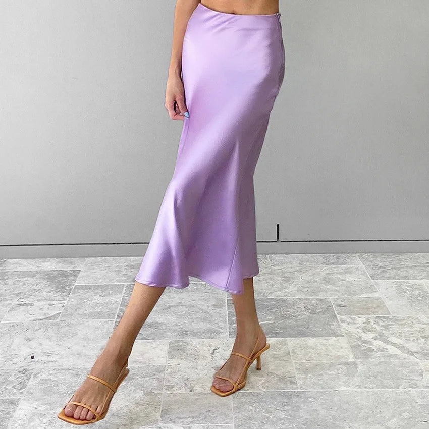 Enyami Flowy Long Skirts Satin Silky Women High Waist Hidden Elasticized Elegant Waistband Flared Casual A Line Midi Skirt