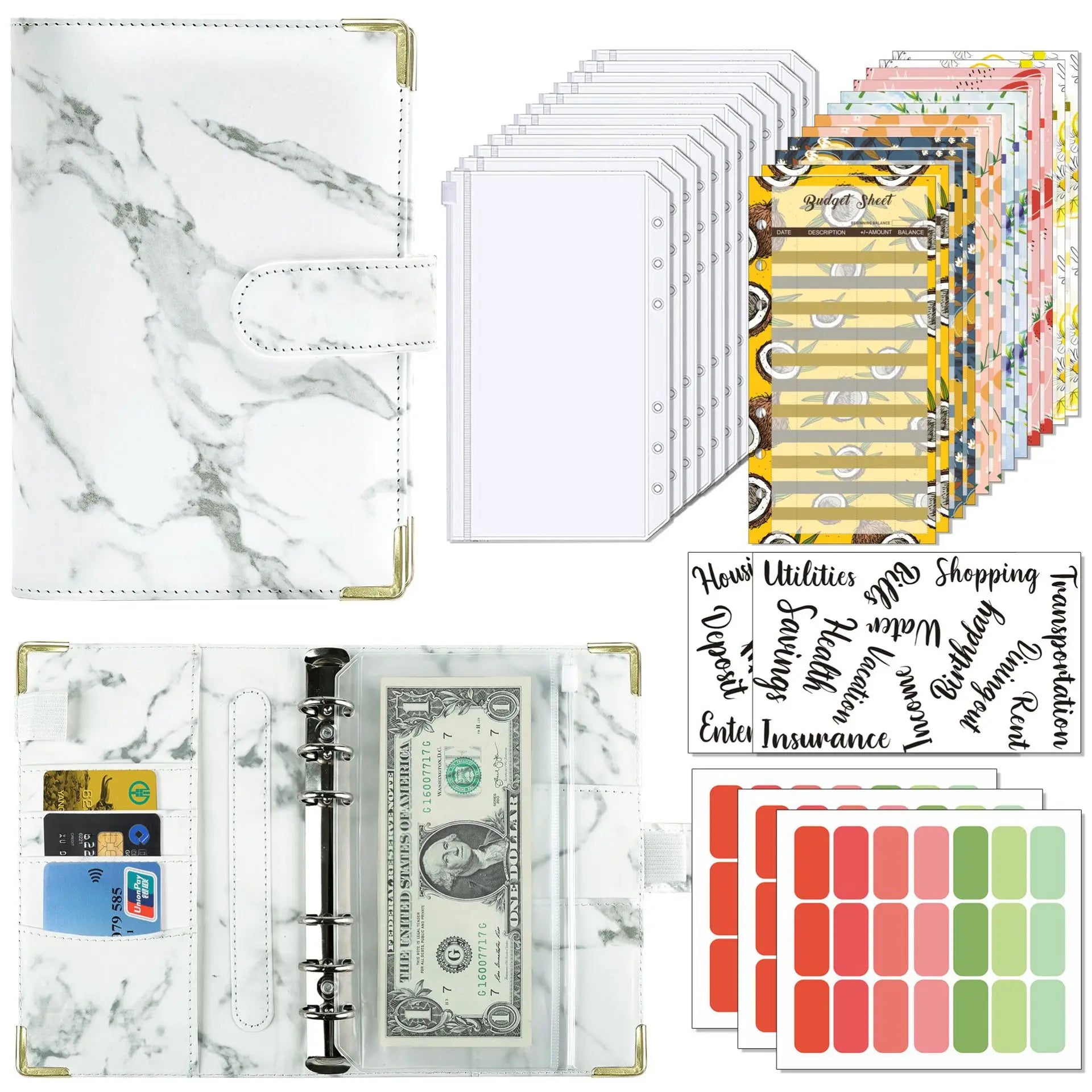 hotsale a6 budget binder set marble leather dairy notebook 6 ring loose leaf cash stuffing binder planner with zipper envelop