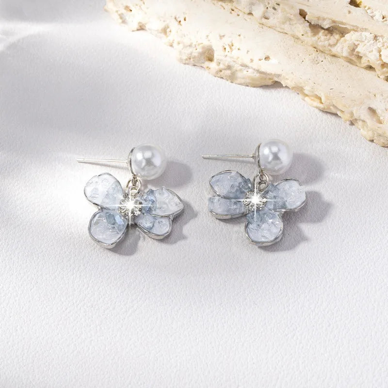 Dangling Blue Faux Crystal Sweet Bow Statement Stud Dainty Rhinestone Bow Pearl Earrings Trendy Wedding Party Jewelry Gifts
