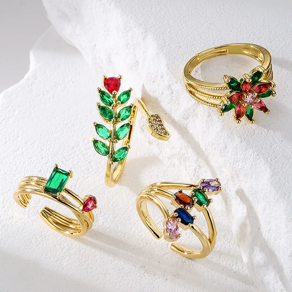 Light Luxury Copper Gold Plated Zircon Flower Geometric Open Adjustable Ring Women's Personality Jewelry