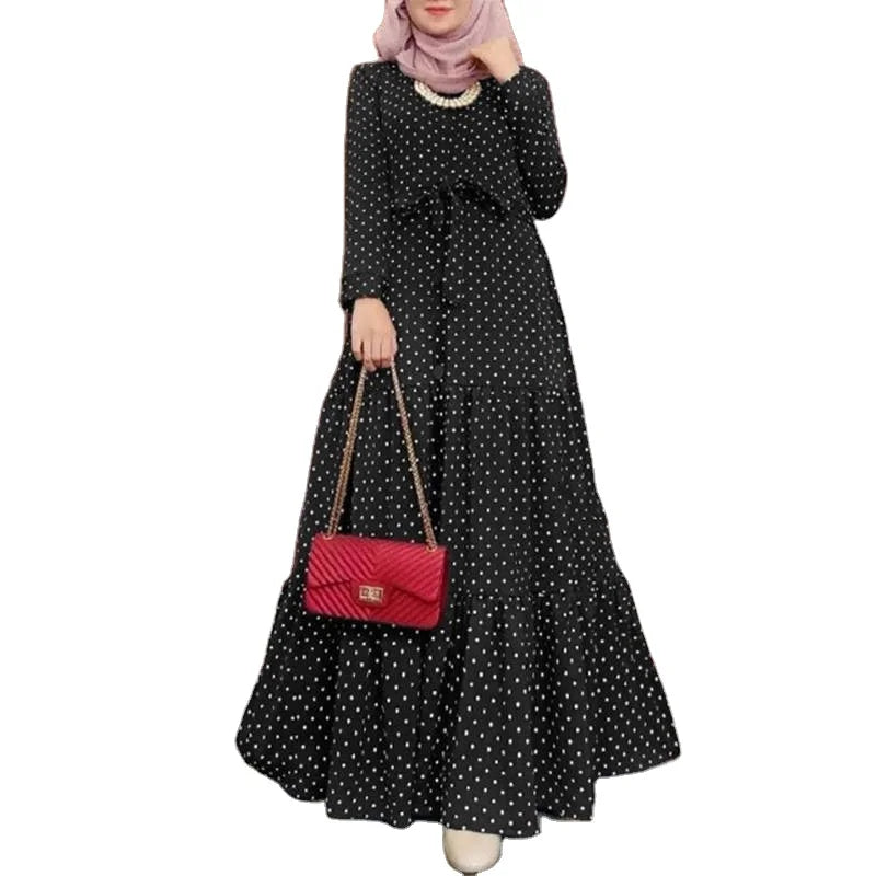 Black Burgundy White Color Fabric Big Dot Pattern Islamic Eid Abaya Over Size Casual Muslim Dress for  Women