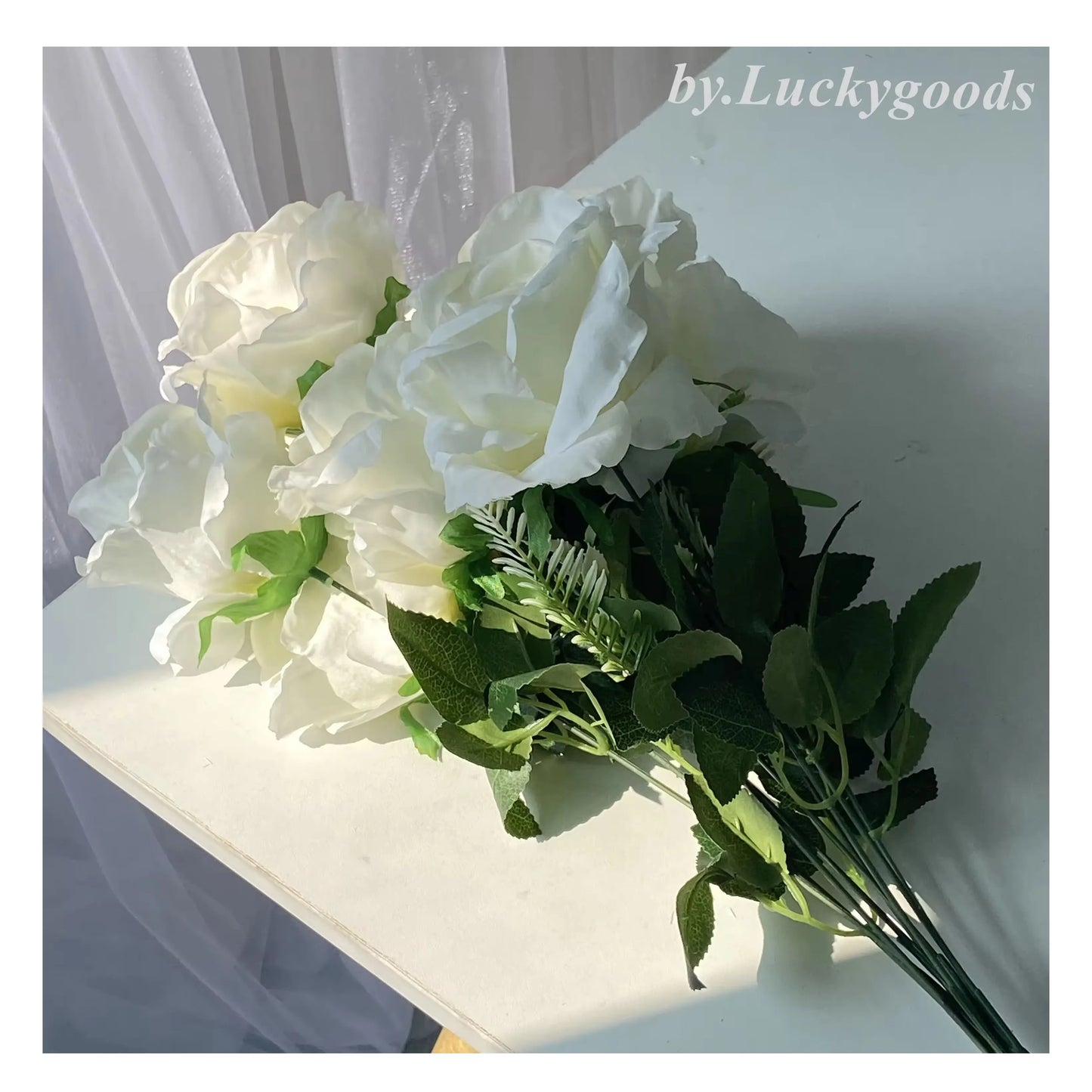 LFR081 White Color RTS Hot Sale Silk Rose Flowers Wedding Bouquets Artificial Flower Bush 44CM Long