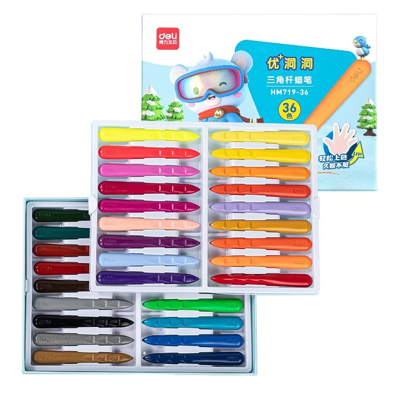 Deli HM719-36 36pcs/box Hole Triangle Crayon Painting Posture Correction Colored Crayons 40box*36pcs=1440pcs Per Carton Set