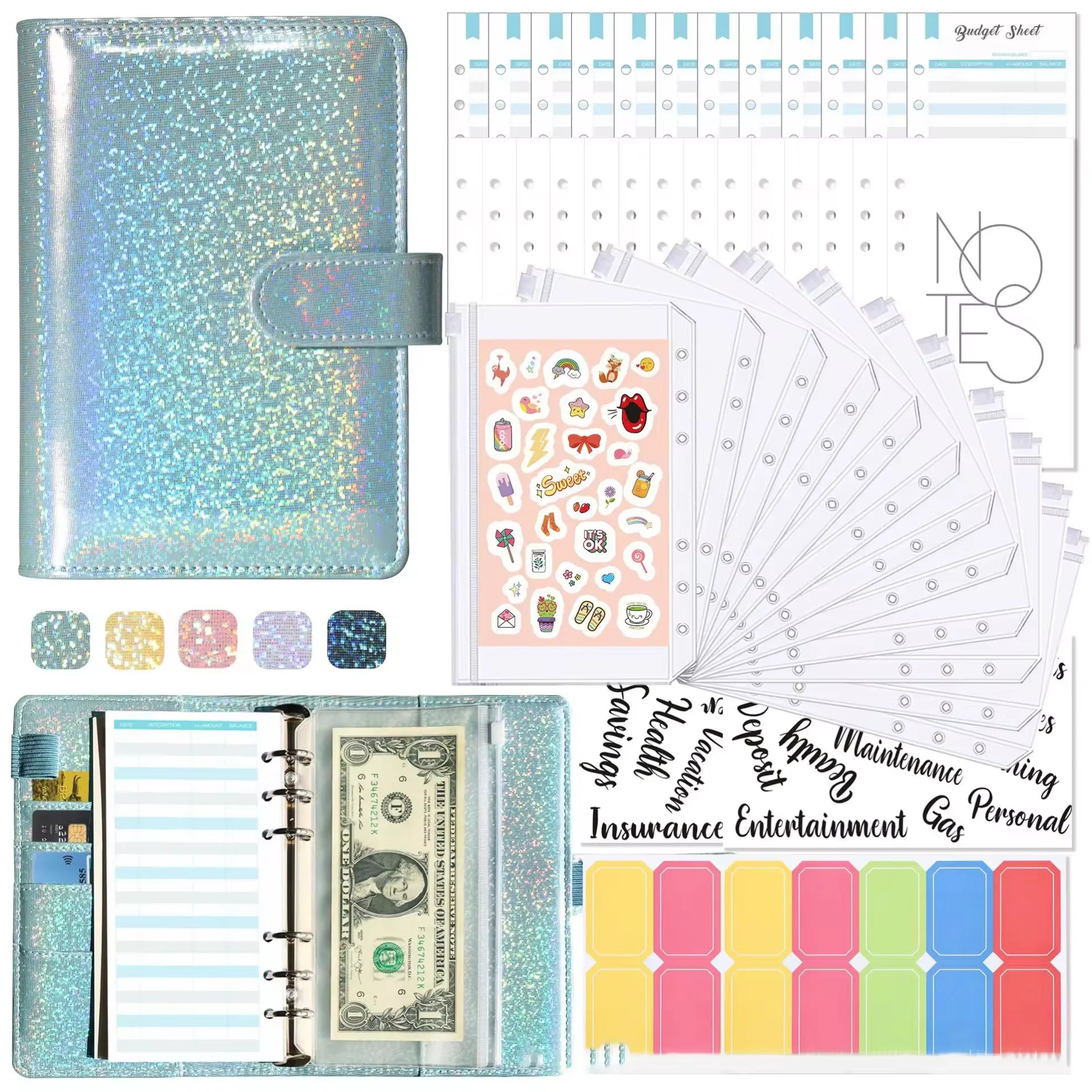 2026 Wholesale Notebook 6 Rings Spiral Business Planner Work Agenda Budget Binder Holographic Color PU Leather Cover A5 A6 Bi