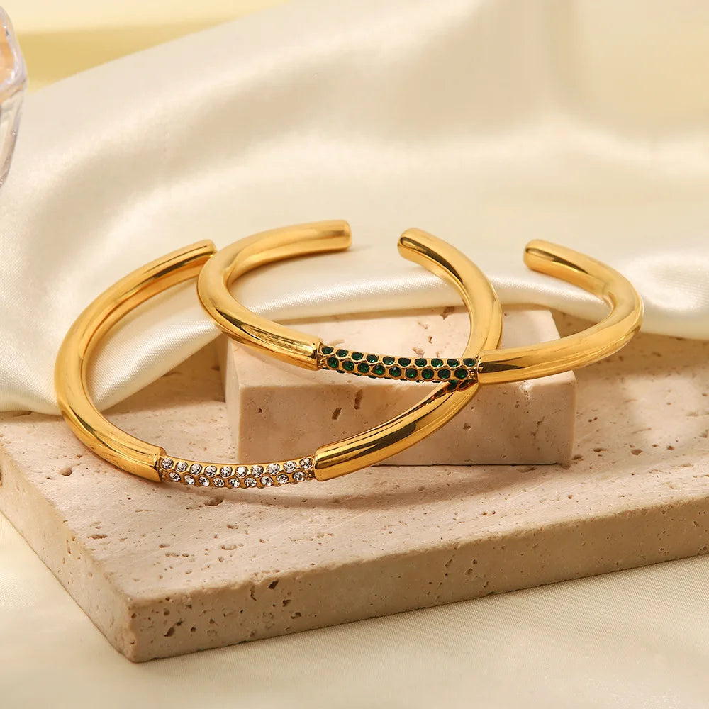 Minimalist 18k Gold Plated Stainless Steel Cuff Bracelet Non Tarnish Jewelry Party Gift Open Green White Cubic Zirconia Bangl
