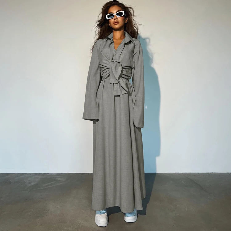 Summer Fall Fashionable Casual Clothes Plain Grey Tank Dress And Long Sleeve Shirt Women Outfits Two Piece Set Clothing