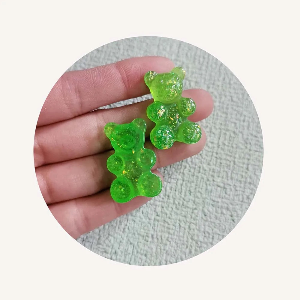 Hot Popular 100Pcs/Lot 19*30MM Resin Glitter Gummy Bear Cabochons Flatback Animal Beads No Hole Bear Charms for Jewelry Makin