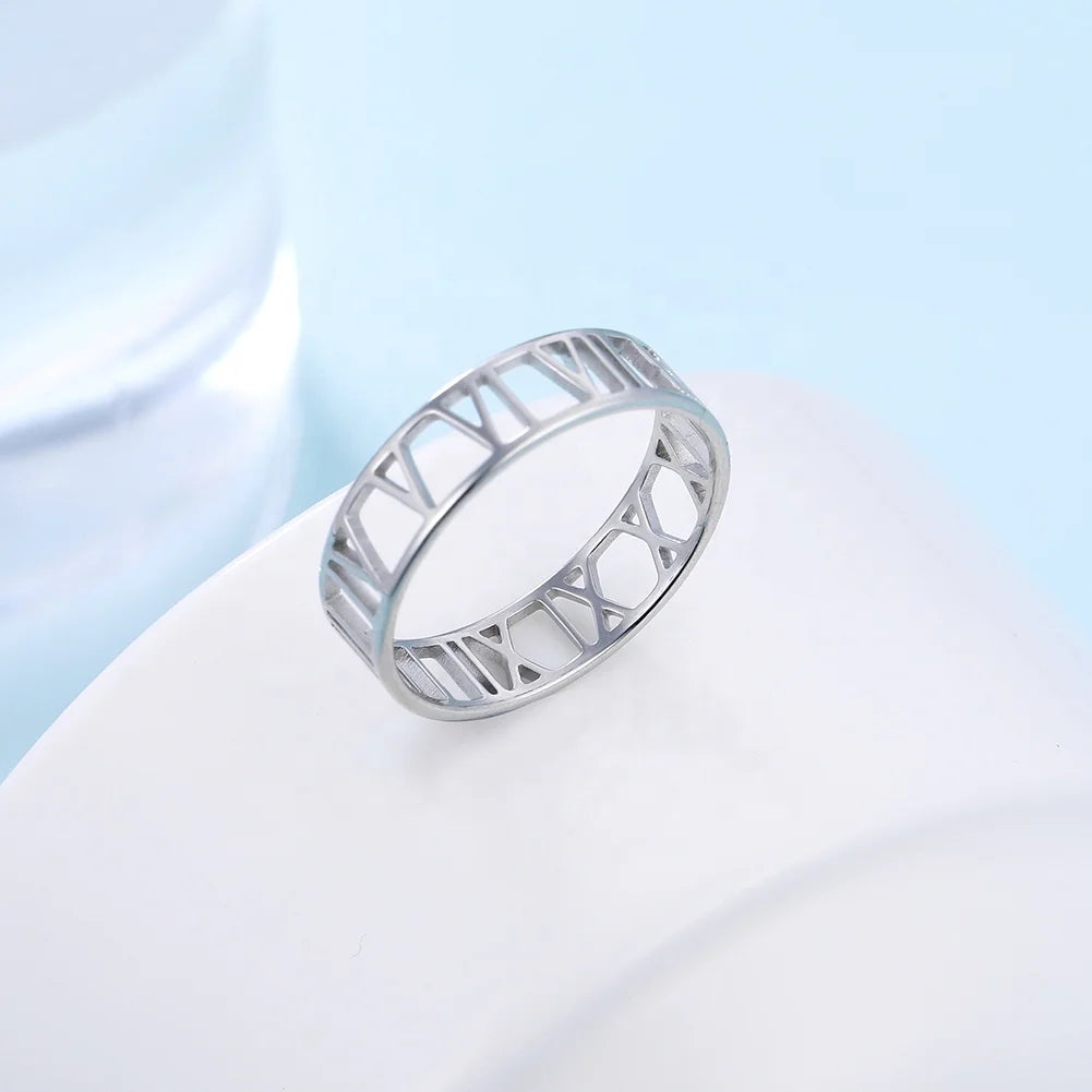 Hollow Roman Numerals for Women Men Classic Gold Color Casual Couple Rings Stainless Steel Jewelry Anniversary Gift